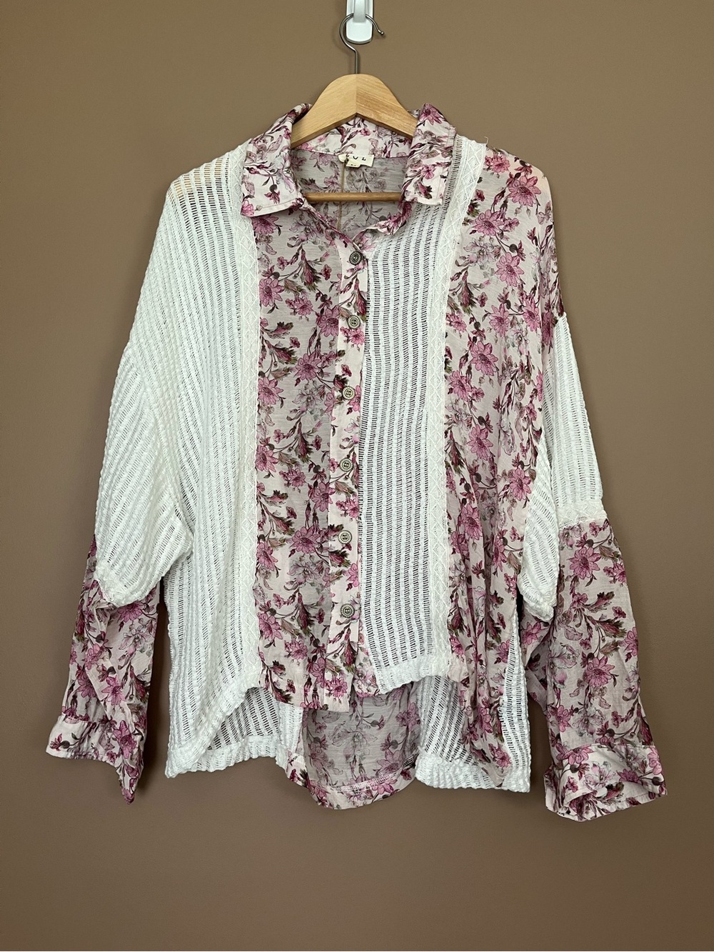 {POL} Floral Printed Crochet Long Sleeve Button Down Shirt - Womens Medium - NWT